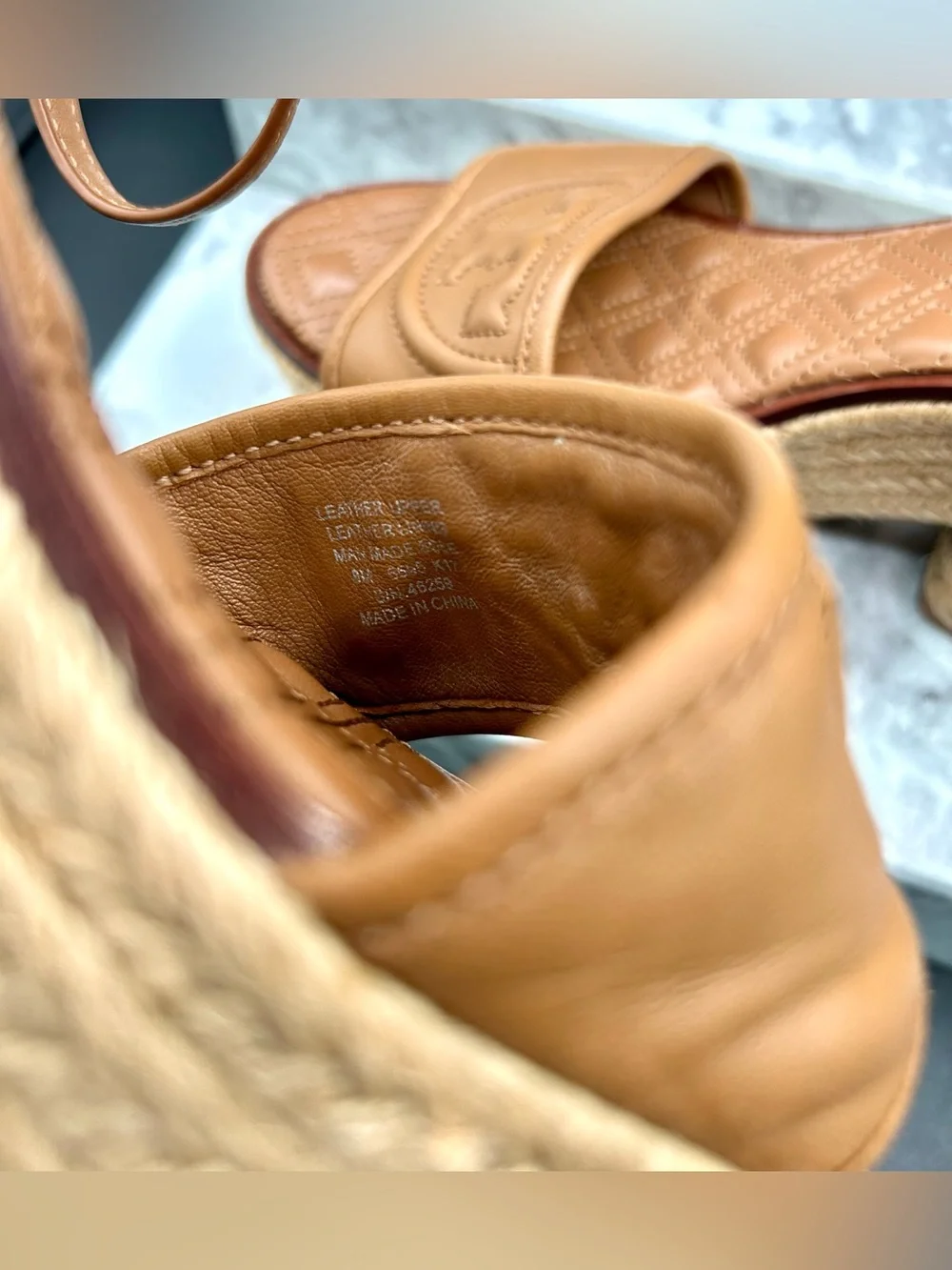 TORY BURCH Fleming Platform Espadrille Wedge Sandals Quilted Tan Leather. Size 8